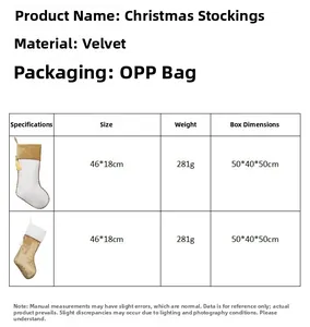 Detailed size chart for velvet Christmas stockings showing 46x18cm dimensions