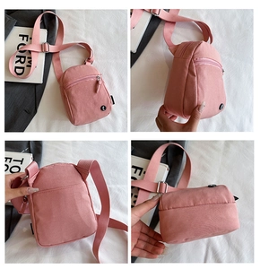 Collage of pink small crossbody bag showing front, side, and back views on a fabric background
