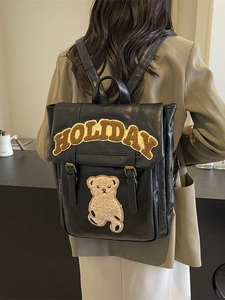 Vintage Preppy Style Women PU Leather Backpack Fashion Holiday Letter Bear Patch School Bag Casual Girls Backpack