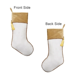 White and gold velvet Christmas stocking with golden tassels shown in front and back view