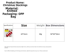 Size chart for knit Christmas stockings measuring 18 by 14 cm with material details