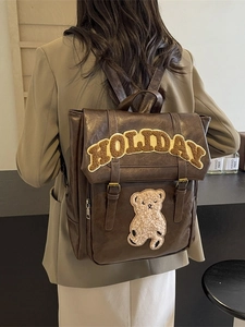 Retro brown leather backpack with fuzzy holiday lettering and bear embroidery for women