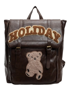 Vintage brown PU leather backpack with Holiday teddy bear plush patch for women