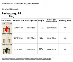 Size chart showing knitted Christmas stockings dimensions 23x3x45cm in red, white and green