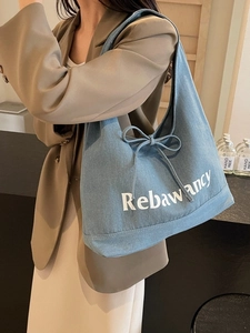 Women Casual Large Capacity Denim Canvas Tote Bag Fashion Letter Print Shoulder Bag With Bow Detail For Daily Commuting