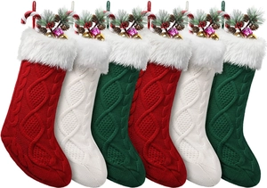 Set of six knitted Christmas stockings with lush faux fur trim and holiday greenery accents