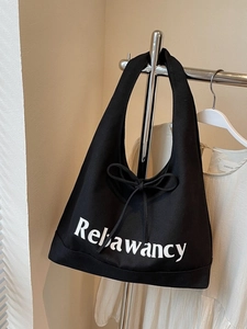 Large black denim tote bag with Rebawancy print and decorative bow for women's daily commute