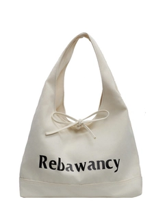 Minimalist large capacity off-white denim tote bag with decorative knot and black text