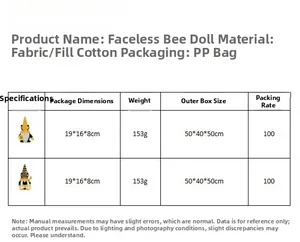 Detailed chart showing bee gnome dimensions and high-quality cloth material specifications