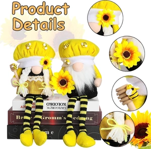 Detail view of sunflower bee gnomes with striped legs and knit hat accessories