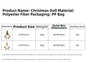 Size chart for faceless Christmas gnome doll showing 13x8x17cm polyester plush toy details