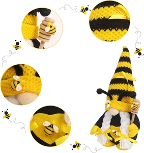 Detail shots of bee gnome plush with honey dipper and striped hat decorations