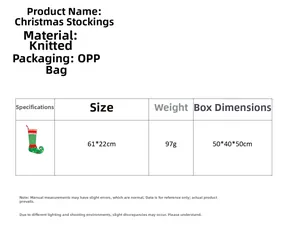 Size chart for green and red knitted Christmas stocking showing 61x22cm dimensions