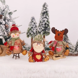 Three-piece Christmas linen gift bags with Santa, snowman, reindeer and heart window