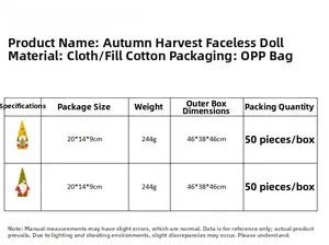 Detailed size chart and specifications for the Thanksgiving harvest faceless gnome doll