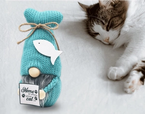 Dettaglio dello gnomo in maglia blu con scritta 'Home is where your cat is' e pesce bianco