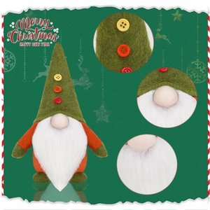 Detail showing the green felt hat buttons and white plush beard of this Christmas gnome doll