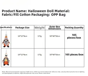 Detailed size and material specifications for Halloween pumpkin and bat gnome dolls
