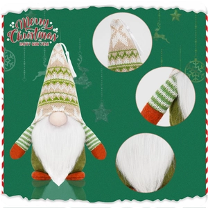 Detail of Christmas gnome with green felt body, knitted hat, and long white plush beard