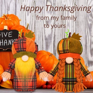 Handmade Thanksgiving gnomes set with pumpkin hats and plaid fabric for home decor