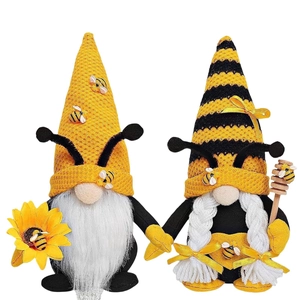 Pair of bumble bee gnome plush dolls with sunflowers and honey dippers for decor