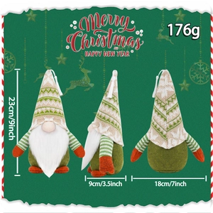 Standing green knitted Christmas gnome doll with geometric patterns and long white beard