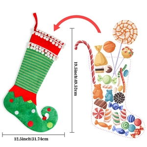 Large 19.5 inch red and green Christmas elf stocking with festive pom poms and candy capacity