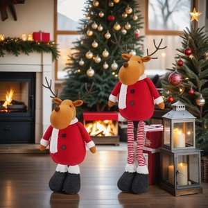 Set of two telescopic Christmas reindeer plush dolls with red coats by a festive fireplace