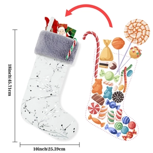 18-inch white plush Christmas stocking with silver snowflake patterns and grey fur trim