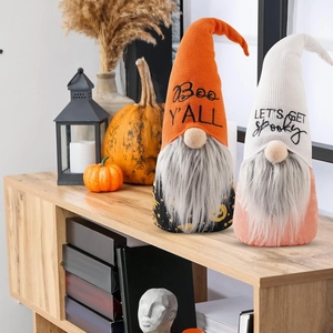 Halloween gnome plush decor set with Boo Y'all and Spooky long knit hats on wooden shelf