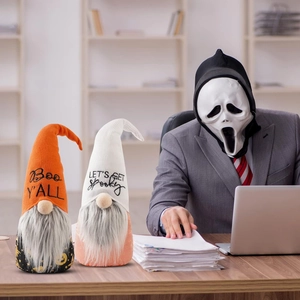 Halloween gnomes plush ornaments with Boo Y'ALL and spooky embroidery on office desk