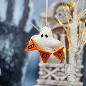 Handmade white felt ghost hanging ornament with BOO flag banner for Halloween home decor