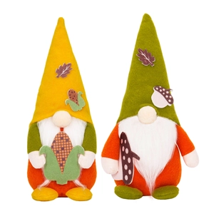 Set of two Thanksgiving gnomes with autumn leaves, mushrooms and corn decorations