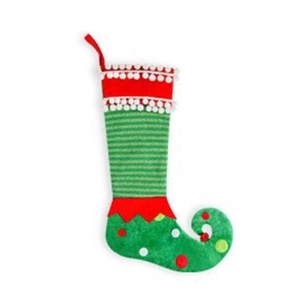 Large Christmas elf stocking with green stripes and red pom-poms hanging decoration