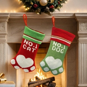 Chaussette de Noël en Tricot Design Patte de Chat Chien Avec Lettre NO.1 Rouge Vert Décoration Suspendue Cheminée Cadeau