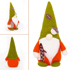 Multiple views of a plush Thanksgiving gnome with orange body and acorn leaf felt hat