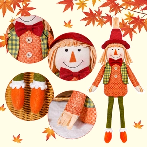 Detail shots of a harvest scarecrow doll featuring orange fabric and plaid vest textures