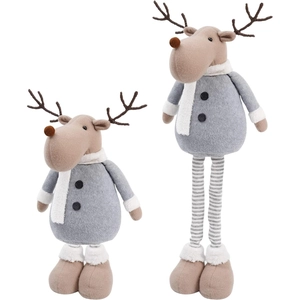 Detail of gray plush Christmas reindeer dolls with telescopic legs and white scarf decor