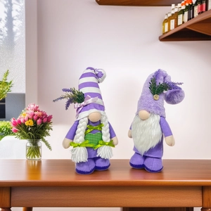 Handmade lavender gnomes set with striped hats and heart details for home decoration