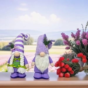 Lavender themed spring gnome plush dolls set with purple hearts and stripes for decor