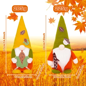 Detail view of harvest gnome dolls showing dimensions and weights for holiday decor