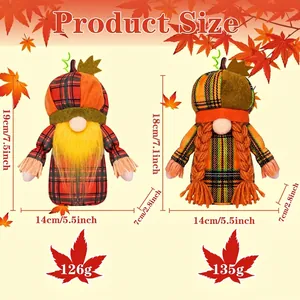 Harvest gnome plush set with pumpkin hats and maple leaf accents for autumn home decor