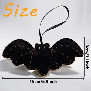 Detailed view of plush black felt bat ornament for Halloween with 15cm size measurement