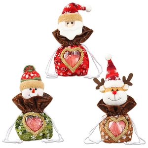 Three Christmas gift bags with transparent windows, Santa, Snowman and Reindeer cartoon designs