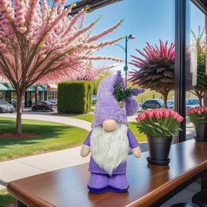 Detail of lavender gnome plush with white beard and wooden button on spring hat