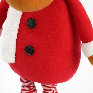 Detailed close-up of Christmas reindeer plush with red felt fabric and striped legs decoration