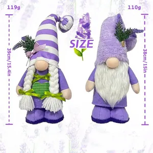 Lavender themed faceless gnomes plush set with size chart and 15 inch height display