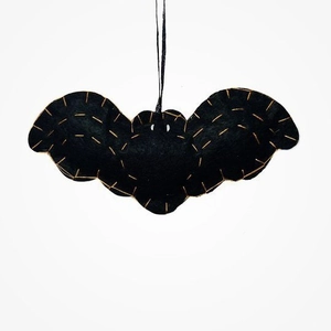 Hanging black plush bat ornament with gold stitching for Halloween festive party decor