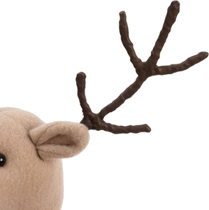 Detailed close-up of plush reindeer ear and textured antlers on a Christmas plush toy