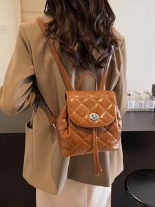 Women Quilted Mini Backpack Shiny PU Leather Rhombic Small Rucksack With Metal Turn Lock Drawstring Fashion Daily Travel Bag